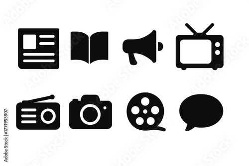Media Icons Collection. Solid style icons of stories: newspaper, open book, megaphone, television, radio, photo camera, film reel,