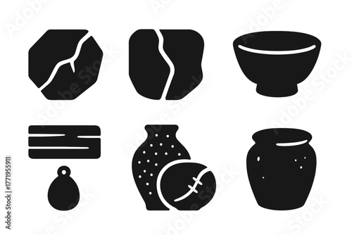 Imperfection Beauty Icons. Solid style icons of Imperfection Beauty: fractured stone, golden seam, rustic bowl, faded wood,