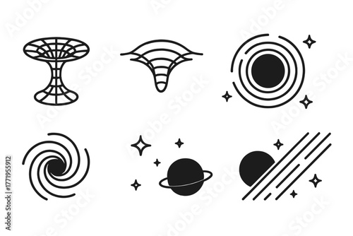 Cosmic Vortex Icons. Line style icons of Wormhole: Space Funnel, Spacetime Bend, Cosmic Shortcut, Event Horizon Glow, Vortex Swirl
