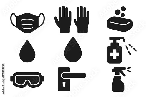 Protective Measures Icons. Solid style icons of protective measures: face mask, gloves, soap, water droplet, sanitizer bottle,
