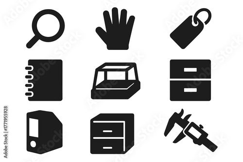 Collector's Tool Icons. Solid style icons of Collectors Tools: magnifying glass, cotton gloves, labeling tag, notebook, display