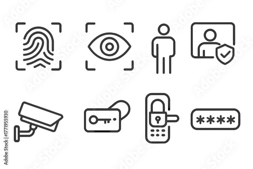 Biometric Security Icons. Line style icons of Biometric Security: Fingerprint Recognition, Retina Scanner, Access Control,