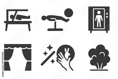 Magic Show Icons. Solid style icons of Show Illusions: mirror box, levitation figure, floating orb, vanishing cabinet, illusion