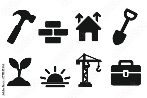 Recovery Icons Collection. Solid style icons of recovery efforts: hammer, bricks, house with arrows, shovel, sprout, sunrise,