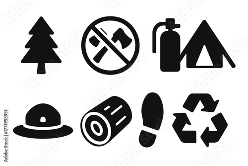 Forest Protection Icons. Solid style icons of forest protection: pine tree, axe crossed out, fire extinguisher, tent, ranger hat,