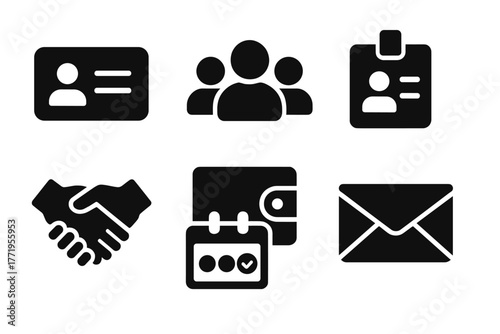 Food Co-op Icons. Solid style icons of food co-op membership: membership card, group of people, ID badge, handshake, wallet,