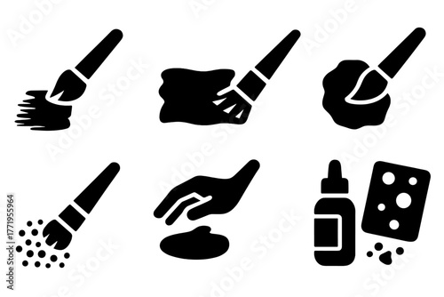 Paint Technique Icons. Solid style icons of Paint Techniques: dry brush, wash effect, layering strokes, edge highlight, stippling