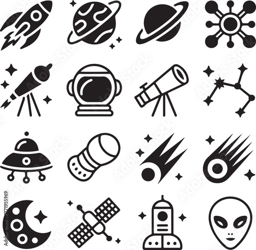 Cosmic icons set space exploration rocket planets alien astronaut telescope and stars graphics