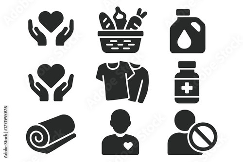 Humanitarian Aid Icons. Solid style icons of humanitarian aid: donation box, food basket, water jug, heart hands, clothes,