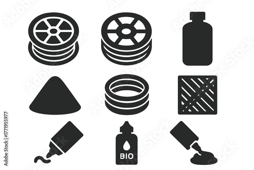 3D Printing Materials. Solid style icons of Materials for Printing: PLA spool, ABS spool, resin bottle, metal powder, nylon