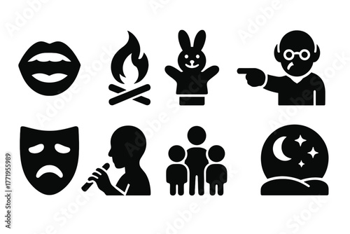Storytelling Icons Collection. Solid style icons of storytelling: open mouth, campfire, puppet, elder pointing, mask, flute,