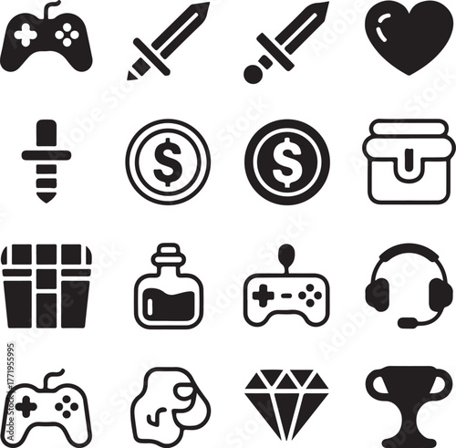 Collection of gaming icons including controllers swords hearts potions and more