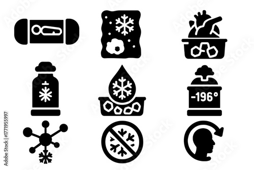 Advanced Preservation Icons. Solid style icons of Advanced Preservation: cryo capsule, frozen tissue, organ storage, vitrification