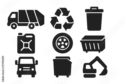 Recycling Truck Icons. Solid style icons of recycling trucks: garbage truck, recycling arrows, trash bin, fuel can, wheel,