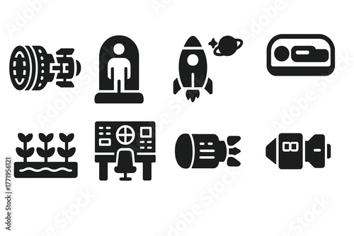 Generation Ship Icons. Solid style icons of Generation Ship: space ark, crew habitat, long journey, new solar system, cryo chamber