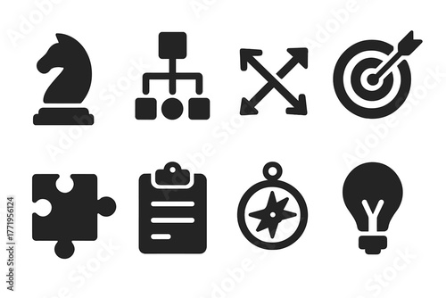 Solid Strategy Icons. Solid style icons of strategy: chess piece, flowchart, arrows, target, puzzle piece, clipboard, compass,