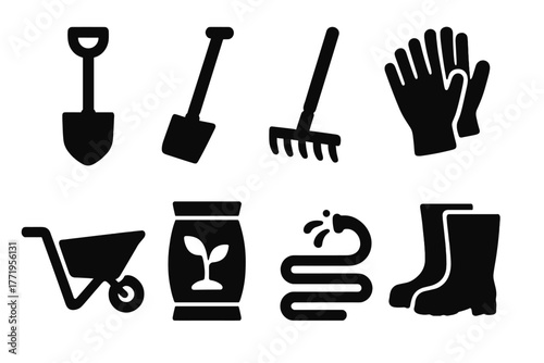 Gardening Tools Icons. Solid style icons of planting tools: spade, hoe, rake, gloves, wheelbarrow, seed bag, watering hose, boots,