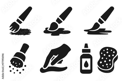 Paint Technique Icons. Solid style icons of Paint Techniques: dry brush, wash effect, layering strokes, edge highlight, stippling