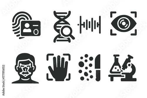 Forensic Identification Icons. Solid style icons of Forensic Identification: fingerprint match, DNA analysis, voiceprint, retina