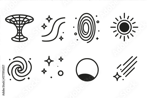 Cosmic Vortex Icons. Line style icons of Wormhole: Space Funnel, Spacetime Bend, Cosmic Shortcut, Event Horizon Glow, Vortex Swirl