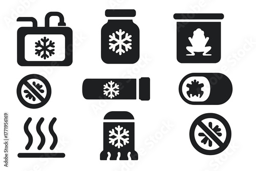 Preservation Technology Icons. Solid style icons of Preservation Technology: cooling tank, vitrification jar, specimen container,