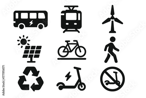 Eco-Friendly Transit Icons. Solid style icons of eco-friendly transit: electric bus, tram, wind turbine, solar panel, bicycle lane