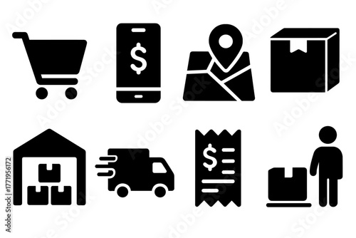 E-commerce Icons Set. Solid style icons of E-commerce Delivery: shopping cart, payment app, order tracking, package icon,