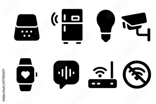 Smart Device Icons. Solid style icons of Smart Devices: home assistant, connected fridge, smart bulb, security camera, thermostat,