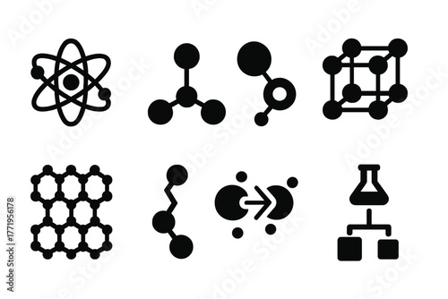 Molecular Science Icons. Solid style icons of Molecular Science: atomic model, chemical bond, electron orbit, crystal lattice,