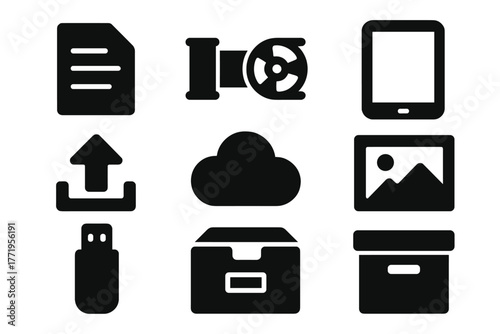 Digitization Icon Set. Solid style icons of digitization: document, microfilm, tablet, upload arrow, cloud storage, photograph,