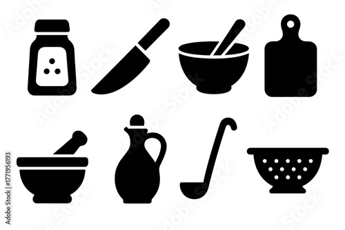 Culinary Icon Set. Solid style icons of Culinary Preparation: spice jar, chopping knife, mixing bowl, cutting board, mortar and