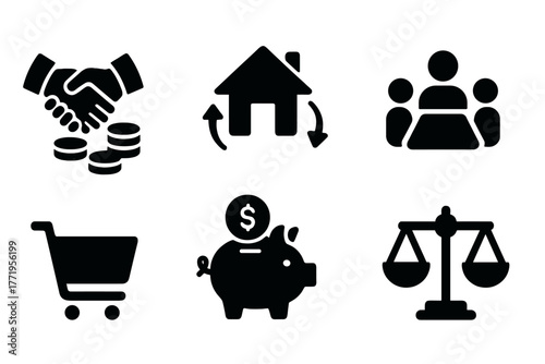 Cooperative Economy Icons. Solid style icons of cooperative economy: handshake over coins, house with arrows, group around a table