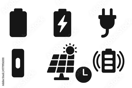 Battery Life Icons. Solid style icons of battery life: battery pack, charging arrow, plug, power bar, solar panel, wireless coil,