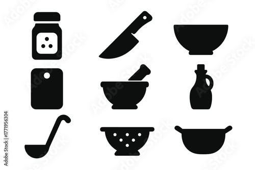 Culinary Icon Set. Solid style icons of Culinary Preparation: spice jar, chopping knife, mixing bowl, cutting board, mortar and