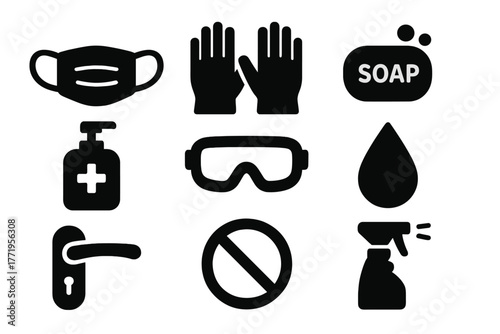 Protective Measures Icons. Solid style icons of protective measures: face mask, gloves, soap, water droplet, sanitizer bottle,