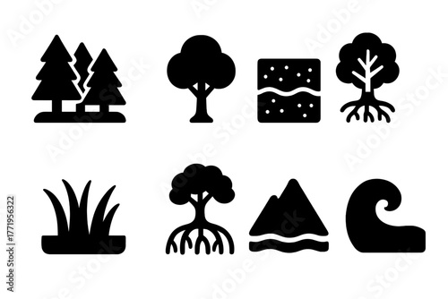 Natural Sequestration Icons. Solid style icons of natural sequestration: forest, tree, soil layers, roots, grassland, mangrove,