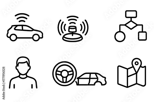 Autonomous Vehicle Icons. Line style icons of Autonomous Vehicle: Autonomous Vehicle, Lidar, Sensor Array, Algorithm, Passenger,