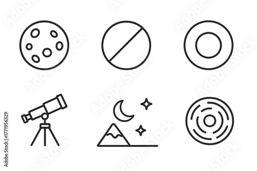 Lunar Eclipse Icons. Line style icons of Lunar Eclipse: Full Blood Moon, Shadow Layer, Umbra Outline, Penumbra Gradient, Telescope
