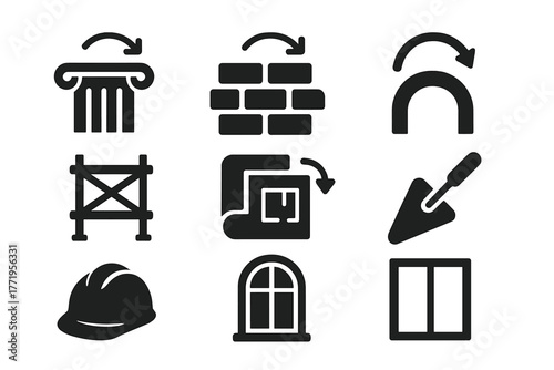 Architectural Restoration Icons. Solid style icons of architectural restoration: temple column, brick wall, arch, scaffolding,