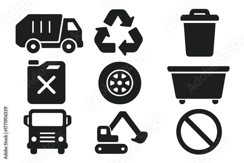 Recycling Truck Icons. Solid style icons of recycling trucks: garbage truck, recycling arrows, trash bin, fuel can, wheel,