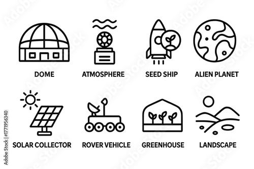 Terraforming Icons Collection. Line style icons of Terraforming: Dome Structure, Atmosphere Generator, Seed Ship, Alien Planet,