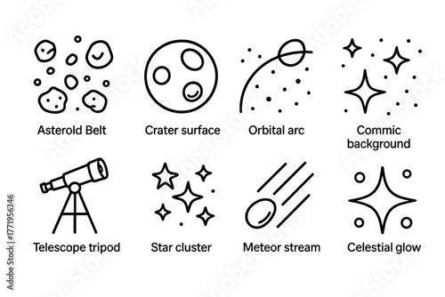 Asteroid Belt Icons. Line style icons of Asteroid Belt: Rocky Debris, Crater Surface, Orbital Arc, Cosmic Background, Telescope