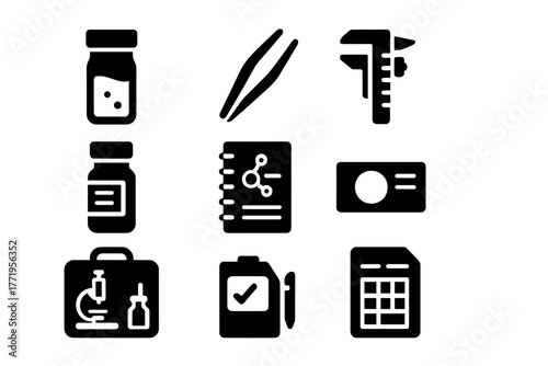Scientific Collecting Icons. Solid style icons of Scientific Collecting: specimen vial, tweezers, measuring caliper, labeled