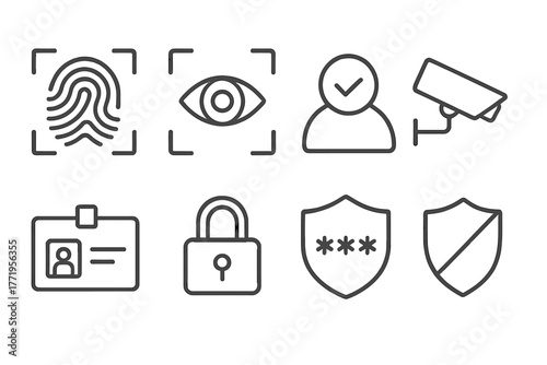 Biometric Security Icons. Line style icons of Biometric Security: Fingerprint Scan, Retina Scanner, Access Grant, Identity,