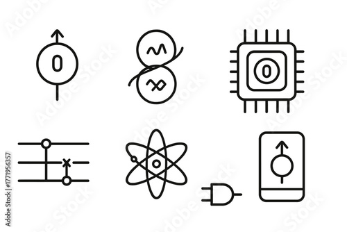 Quantum Computing Icons. Line style icons of Quantum Computing: Quantum Bit, Superposition, Entangled Particles, Processor,