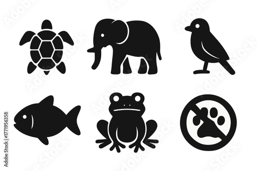 Endangered Species Icons. Solid style icons of endangered species:, turtle, elephant, bird, fish, frog, butterfly, paw print, No