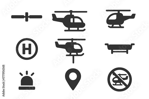 Helicopter Icon Set. Solid style icons of helicopters: rotor blades, cockpit, spotlight, landing pad, rescue rope, stretcher,