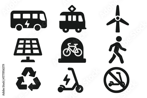 Eco-Friendly Transit Icons. Solid style icons of eco-friendly transit: electric bus, tram, wind turbine, solar panel, bicycle lane