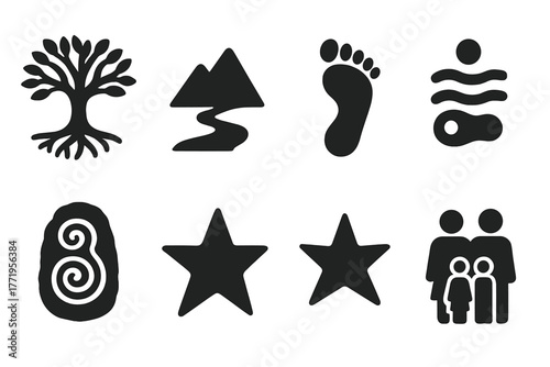 Ancestral Memory Icons. Solid style icons of ancestral memory: tree of life, mountain, river, footprints, spirit symbol, carved