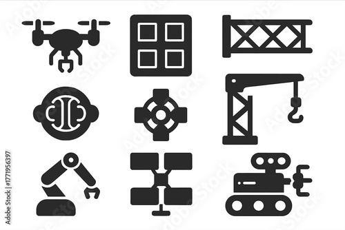 Space Engineering Icons. Solid style icons of Space Engineering: construction drone, modular panel, giant truss, fusion reactor,